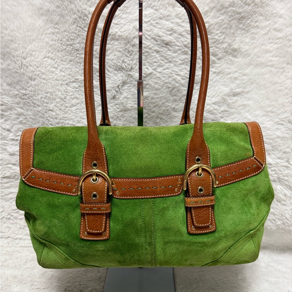 Coach Hampton Flap Satchel- Green Suede Shoulder Bag with Brown Leather Straps - Picture 4 of 14